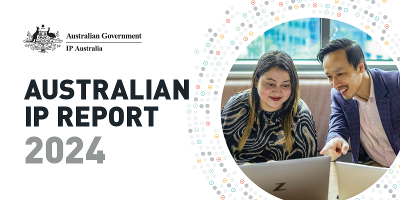 Two people looking at a laptop. The text reads Australian IP Report 2024