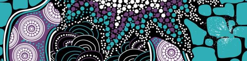 purple and teal indigenous dot painting with green rock formations on the sides and white swirls  and circles coming together to form larger white purple and teal dots