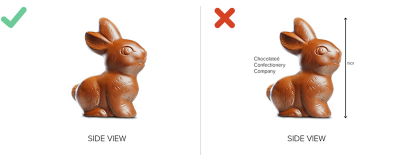 Side view of a chocolate bunny with a green tick in the top left hand corner. Side view of a chocolate bunny with writing and arrow on either side, a red cross in the top left hand corner
