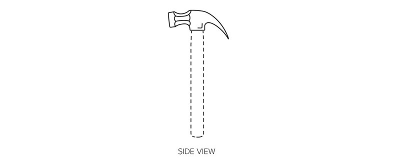 Side view drawing of a hammer with the handle drawn with dashed lines