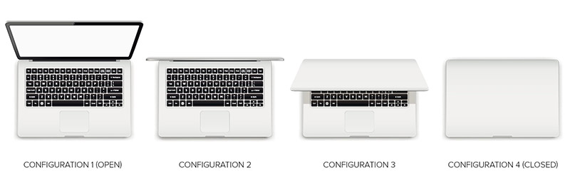 Four configurations of a laptop closing with an open laptop on the left through to a closed laptop on the right 