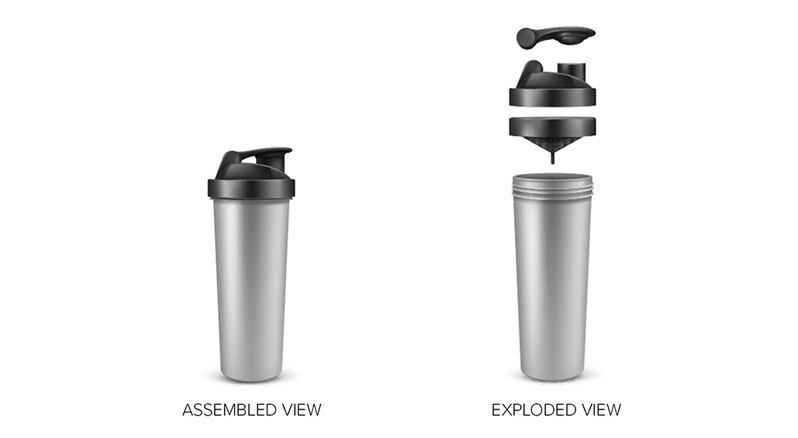 Assembled view of a shaker bottle, next to a bottle showing all the separate lid accessories