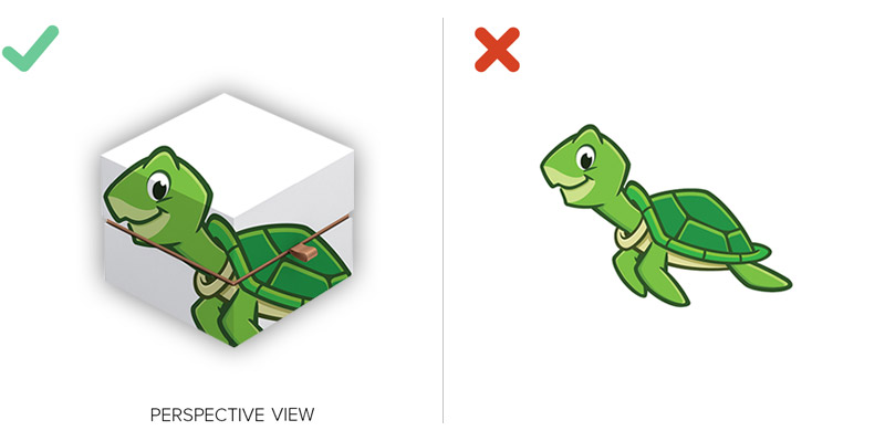 Cartoon image of a green turtle smiling. First image turtle sits on a box. There's a green tick in the left hand upper corner. The second image the turtle sits on white background with a red cross on the upper left hand corner