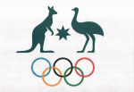 Green kangaroo and emu emblem with coloured Olympic rings below