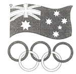 Black and white Australian flag with Olympic ring symbols below