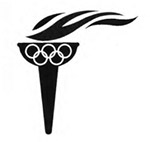 Black coloured relay torch icon with 5 white Olympic rings at the top of the torch, flames flickering from the torch on a right angle